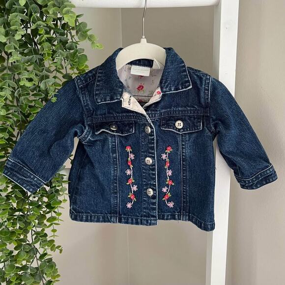 3-6Month Baby Toddler Girl Dark Denim Blue Jean Jacket Button Embroidered Flower - Picture 1 of 10